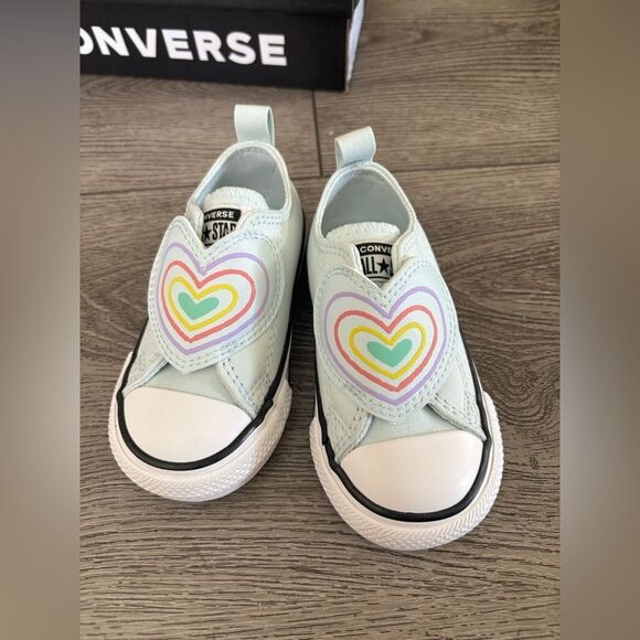 Converse Green and White Slip-On Sneakers with Rainbow Heart Design - Picture 1 of 6